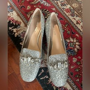Miu Miu Silver Glitter Rhinestone Flat Shoes Loafers